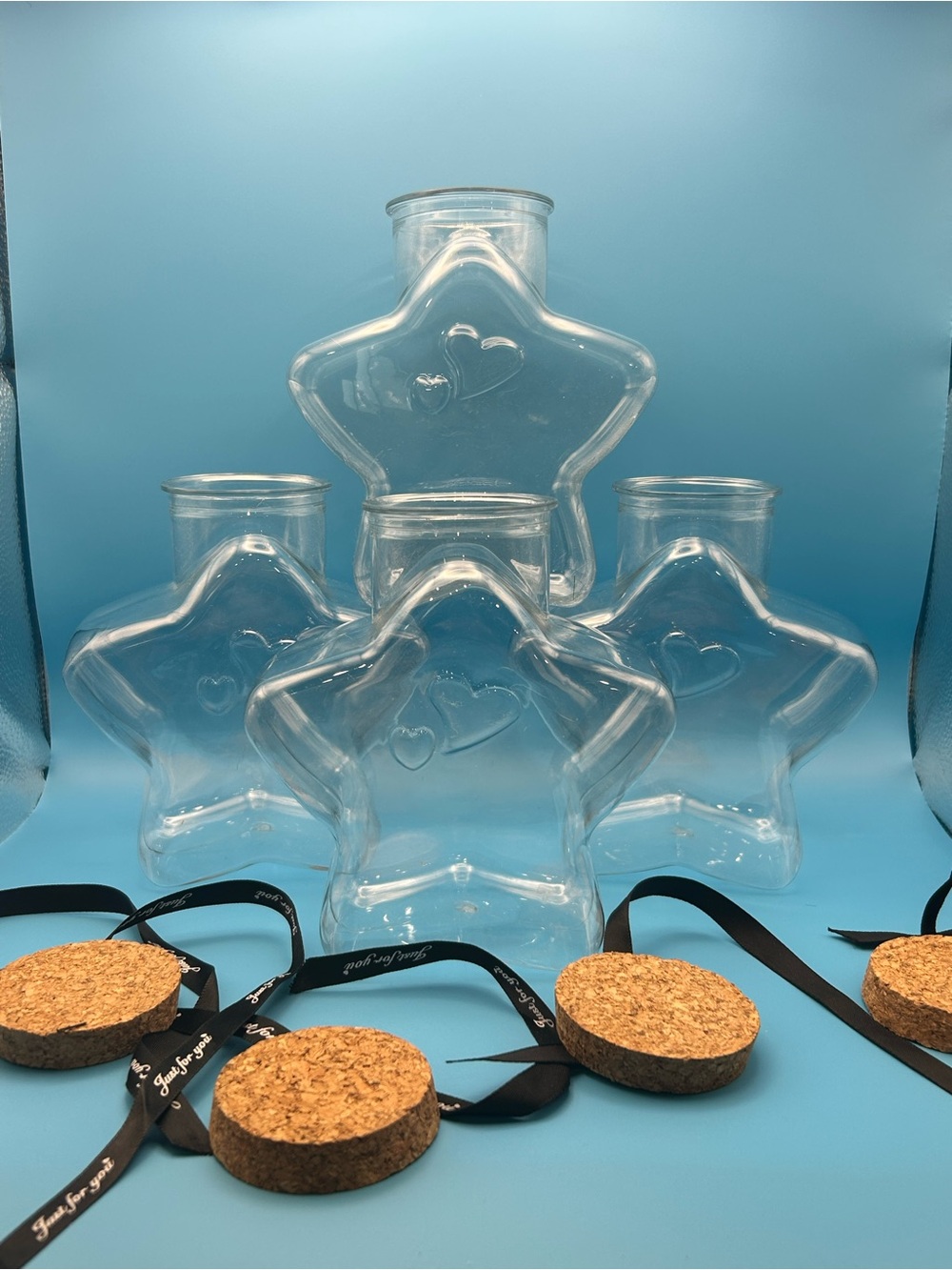 Clear Star-Shaped Plastic Favor Jars with Cork Lids - Set of 4